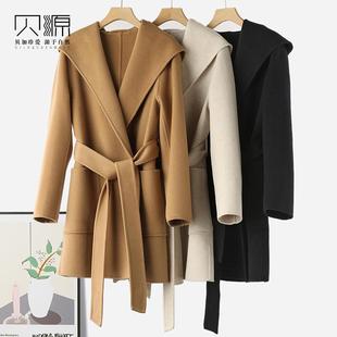 贝源驼色双面羊绒大衣女小个子2025新款中长款浴袍款连帽毛呢外套