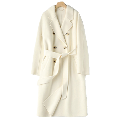 贝源白色中长款过膝双面羊绒大衣