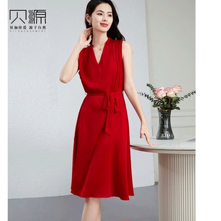 贝源时尚红色重磅真丝礼服裙2026新中长款无袖背心裙桑蚕丝连衣裙