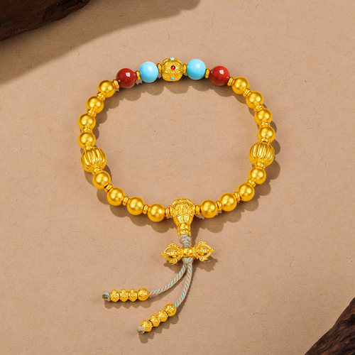 赛菲尔黄金手链古法金南红绿松石串珠弹力绳编织转运珠光珠手链