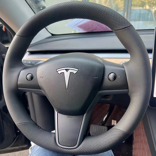 特斯拉model 3方向盘套真皮翻毛皮24款model Y把套手缝专用全包款