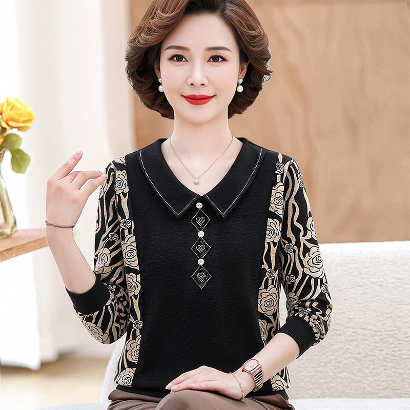 妈妈早秋长袖打底衫妈妈洋气花色拼接上衣2026中年女新款洋气小衫