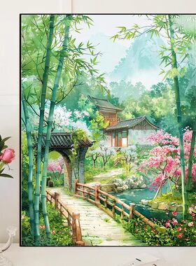 古风竹间庭院满钻钻石画带框
