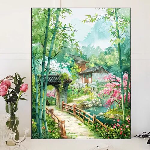 古风竹间庭院满钻钻石画带框