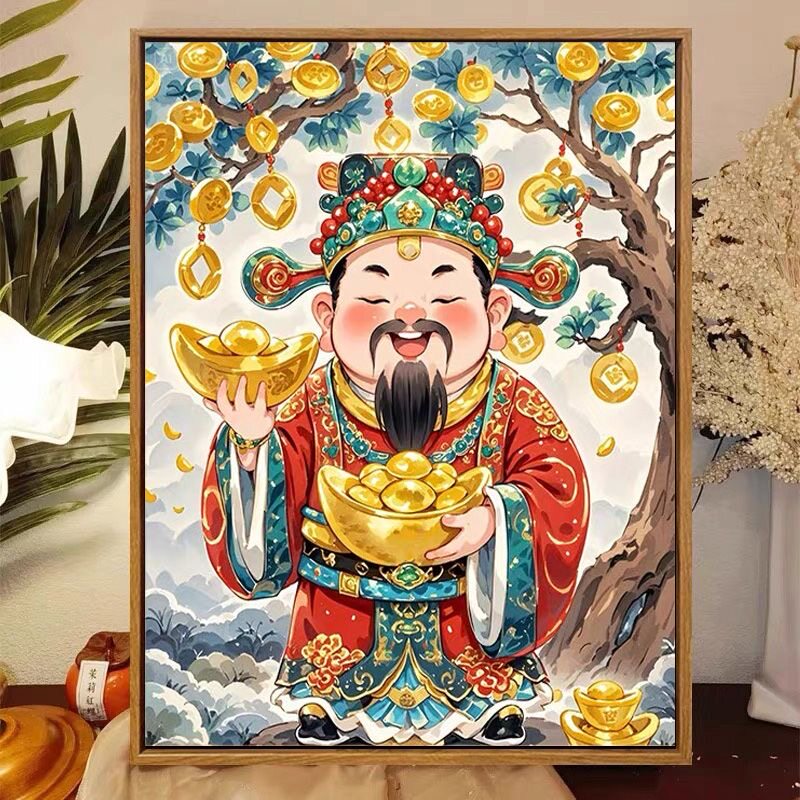 财源滚滚钻石画满钻带框新款财神爷喜庆客厅解压手工钻石绣点贴砖