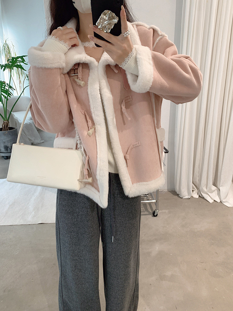 阿浅家 粉色麂皮绒皮毛一体羊羔毛外套女宽松秋冬加绒机车服短款