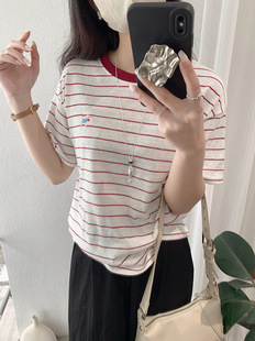 阿浅家 红色撞色条纹雪花棉短袖T恤女春夏宽松薄款圆领上衣小个子
