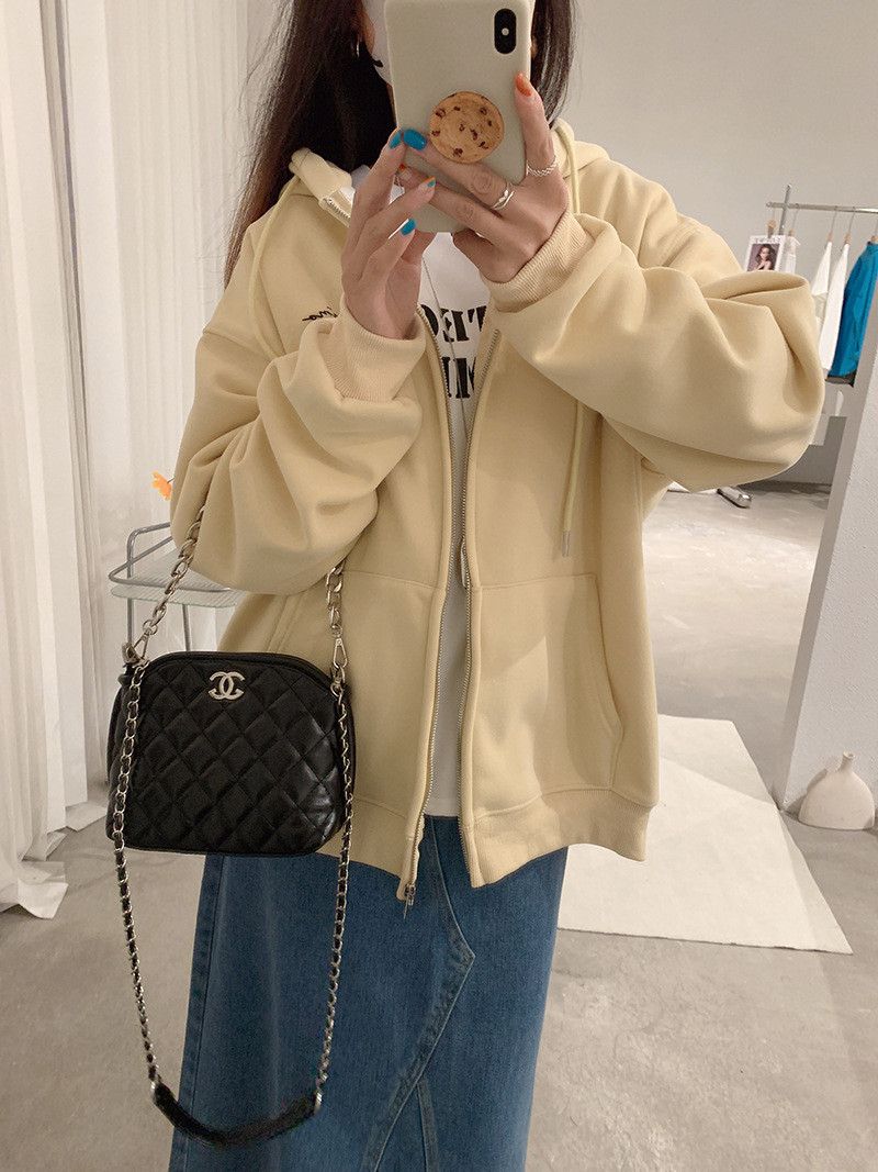 阿浅家 奶黄色休闲连帽卫衣开衫女微胖mm宽松秋冬季加绒拉链外套