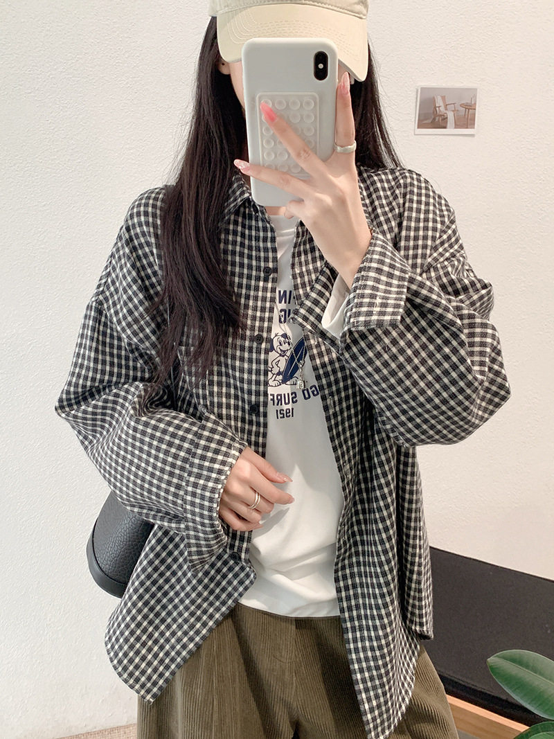 阿浅家 宽松大版 磨毛棉黑白格子翻领长袖衬衫女秋季中长款薄外套