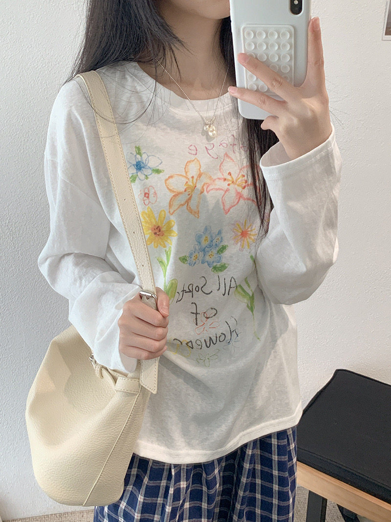 阿浅家 白色手绘彩色花朵印花雪花棉长袖T恤女秋宽松薄款圆领上衣