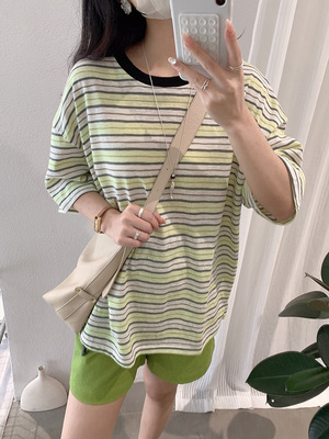 阿浅家 韩系绿色撞色条纹短袖T恤女夏季宽松oversize圆领上衣休闲