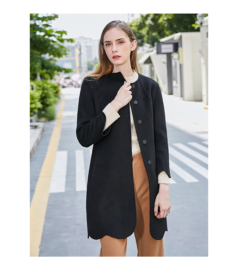 晴迷桂莉Cannelle女士波浪边中长双面呢外套羊毛