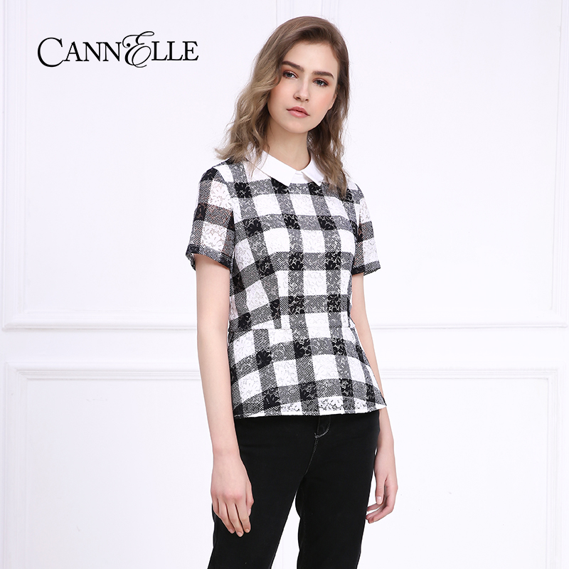 Cannelle晴迷桂莉格子印花蕾丝上衣
