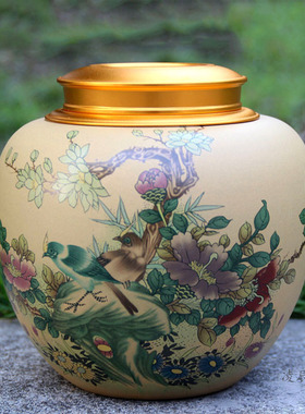 一斤装宜兴紫砂鸟语花香绿色茶叶罐家用大号陶瓷密封罐普洱存茶罐