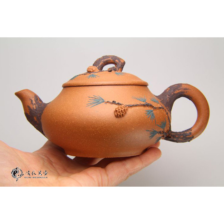 工艺师李碧芳全手工松针壶 早期一厂紫砂壶 宜兴名家老泥弯嘴扁壶
