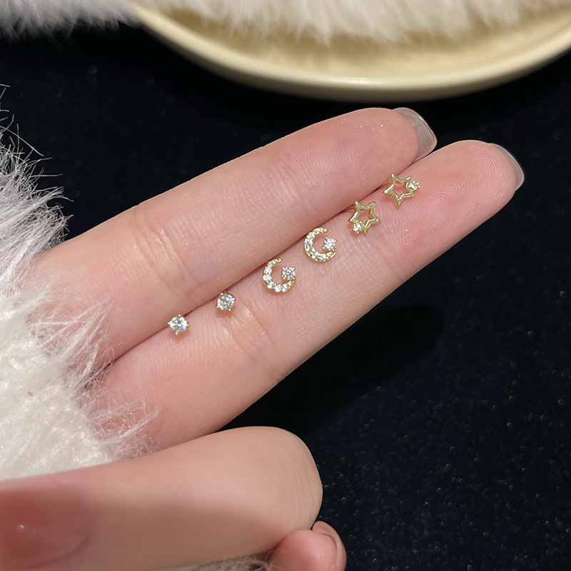 星月耳钉女简约小巧mini星星月亮耳饰不对称小巧微镶锆石耳环夏