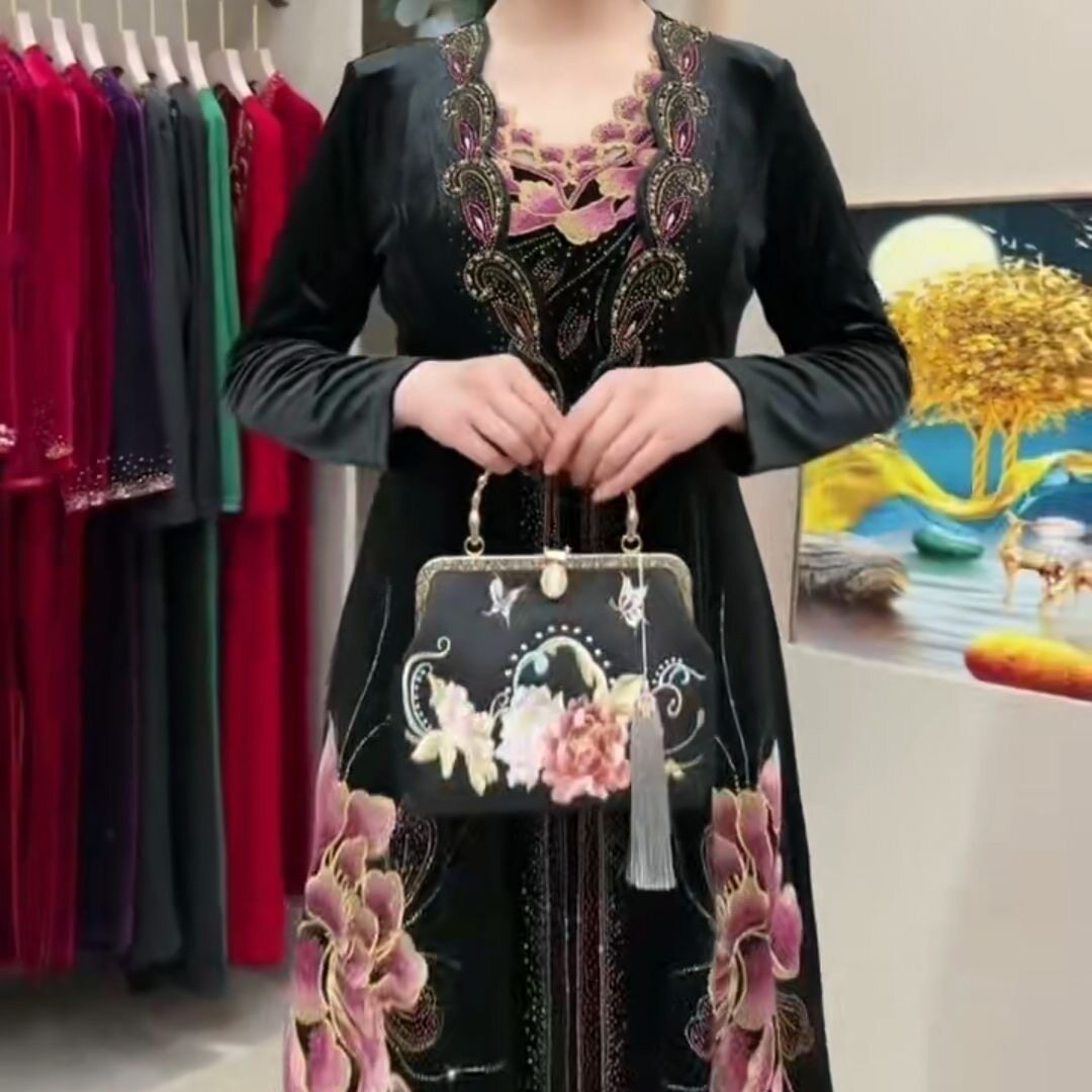 荔枝曼高档中老年妈妈装金丝绒改良旗袍秋冬新款洋气减龄两件套