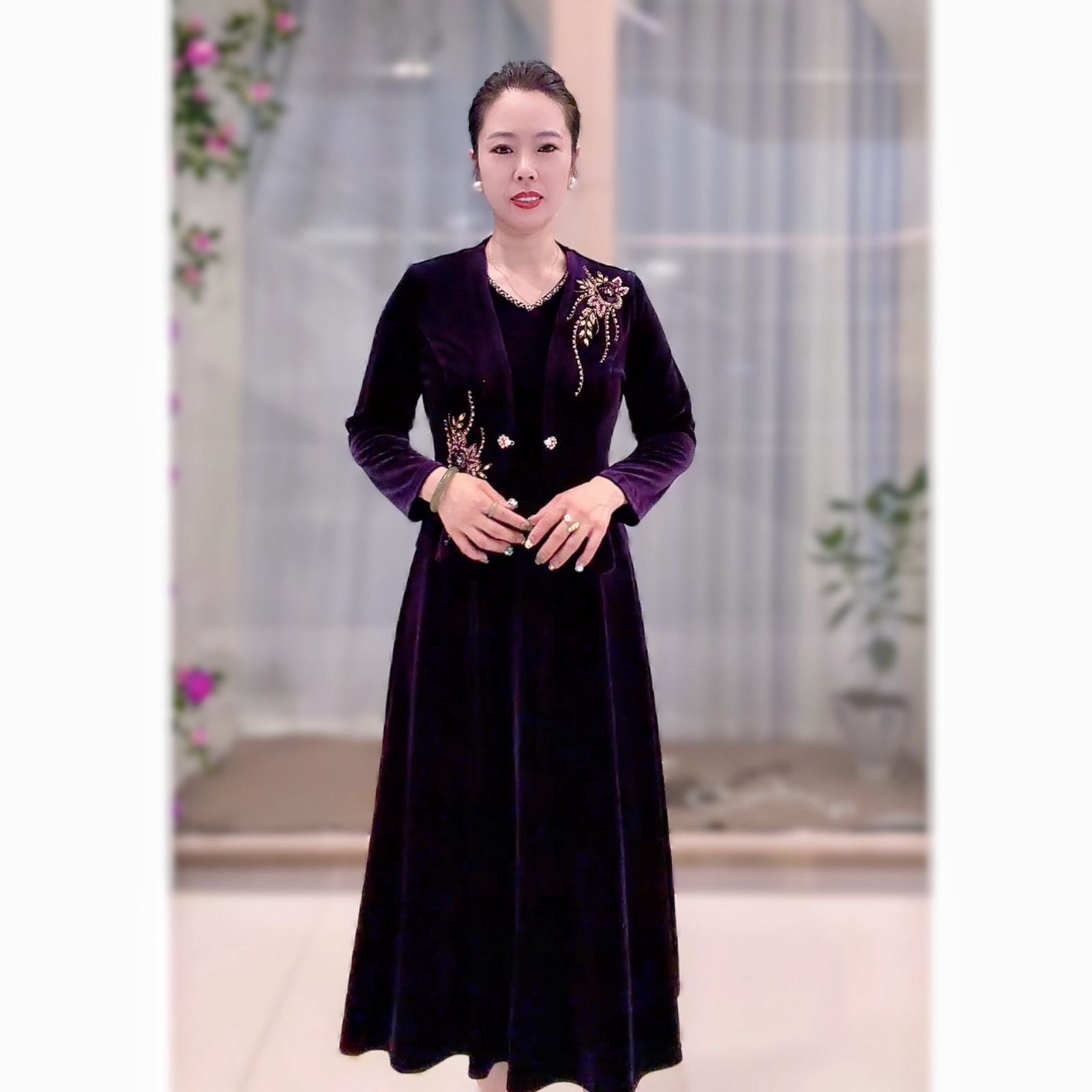 新品丝绒女装连衣裙两件套新款气质显瘦中长款高档长裙礼服妈妈