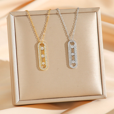 梅西卡三钻单钻高品质镶钻回形针钛钢项链点镀18k金轻奢女锁骨链