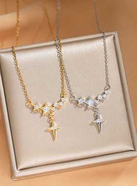 韩版新款个性设计感星星流苏吊坠钛钢项链女气质百搭微镶满钻饰品