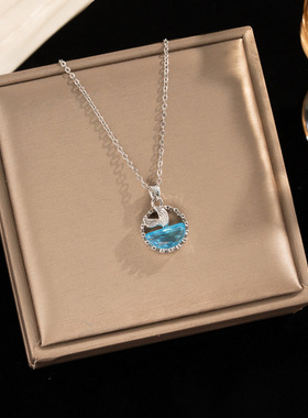 蓝色高级感海洋系列人鱼尾巴钛钢项链女小众少女感轻奢树脂锁骨链