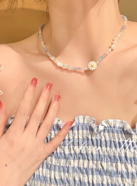 珍珠项链女夏季高级锁骨链 花朵水晶珠小众轻奢ins风手链酷辣项链