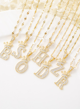 跨境热卖铜微镶锆石镀18k真金皇冠字母吊坠ins风26个英文字母项链