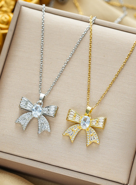 【钛钢】欧美跨境热卖轻奢满钻蝴蝶结项链白搭时尚网红锁骨链