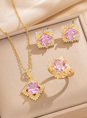 【套装】跨境时尚气质轻奢满锆精致元素风铜微镶耳环项链套装组合