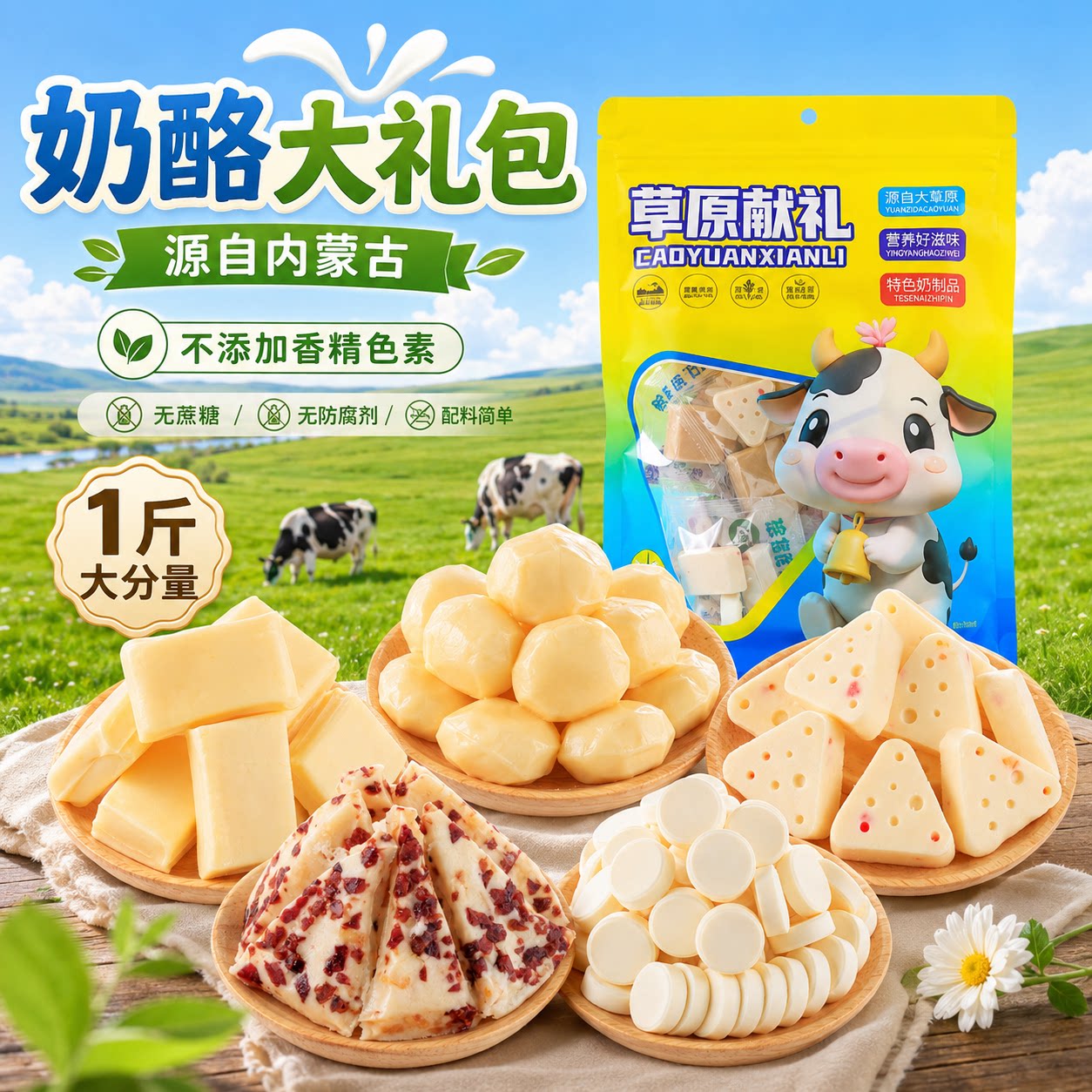蒙食珍草原奶食大礼包奶疙瘩干噎酸奶千层奶盖奶酪10种零食奶制品图片