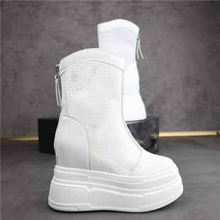 白色网面厚底高帮鞋 后拉链马丁靴瘦瘦靴 女小个子内增高15CM小白鞋