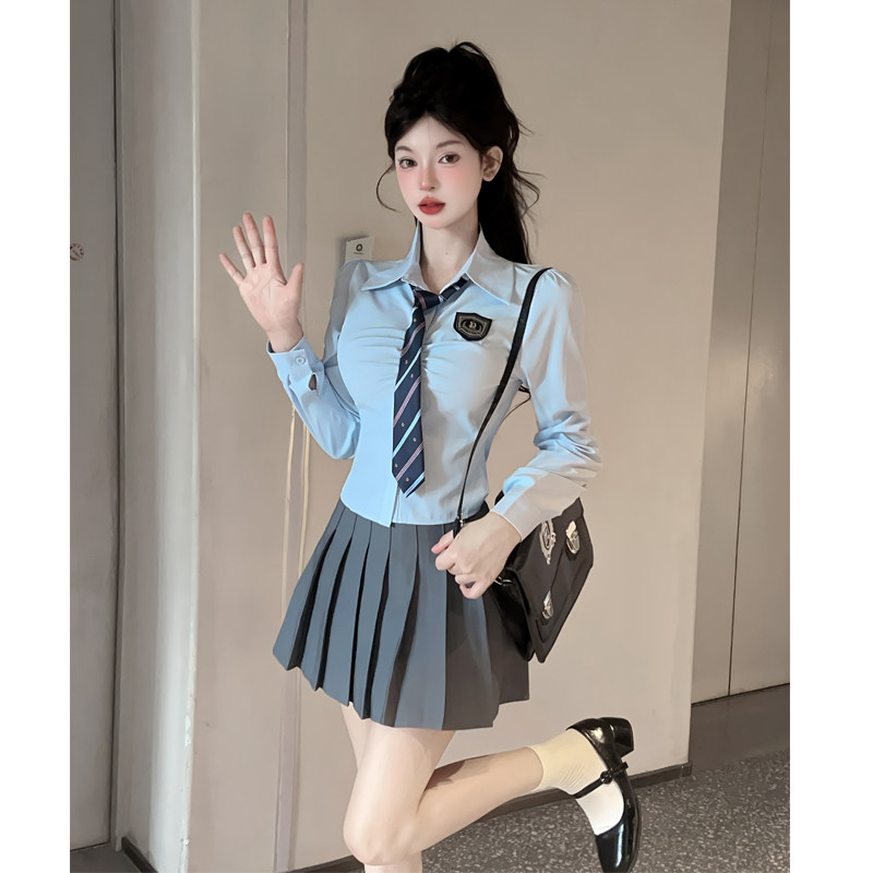 收腰制服套装jk学院风辣妹长袖衬衫女春夏上衣纯欲风修身蓝色衬衣