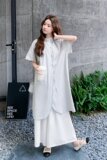 2025新款夏装花瓣领排扣条纹上衣大脚裤两件套装2568-P165控228，女装套装/套裙，2D009