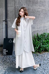 2025新款夏装花瓣领排扣条纹上衣大脚裤两件套装 2568-P165控228图片