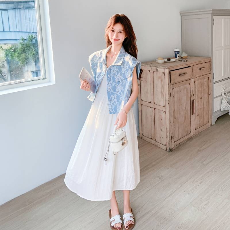 2025新款夏装度假套装牛仔蕾丝马甲长裙两件套2523-P165控248