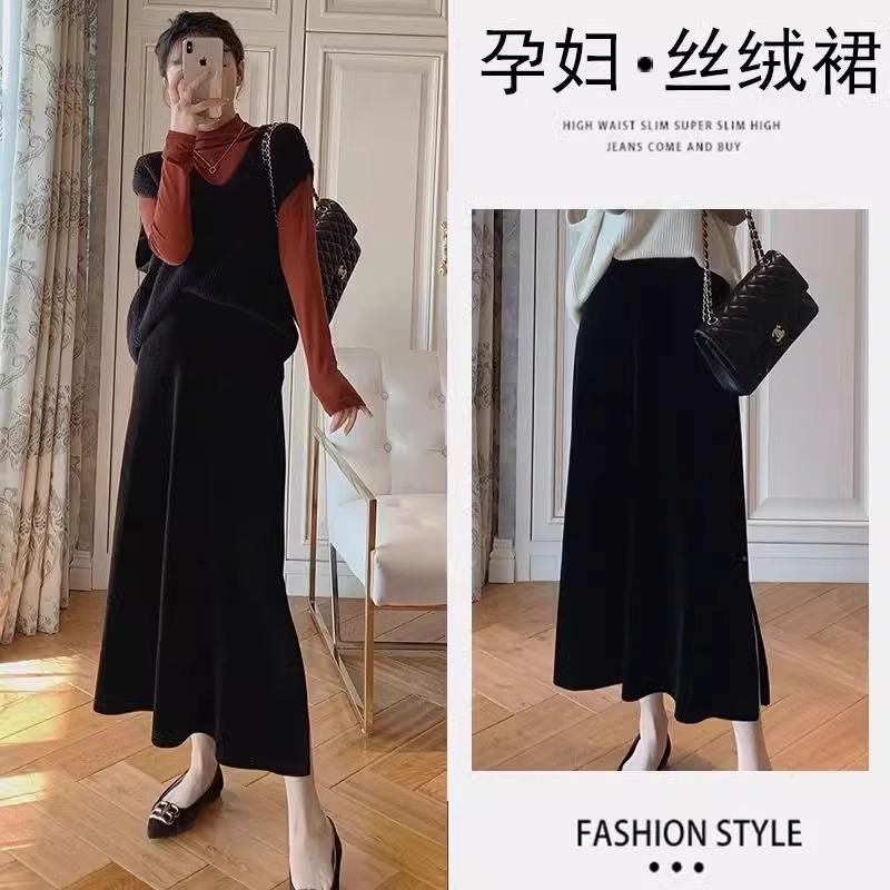 孕妇裙秋冬加绒开叉中长裤a字裙女春秋季丝绒季鱼尾裙托腹半身裙