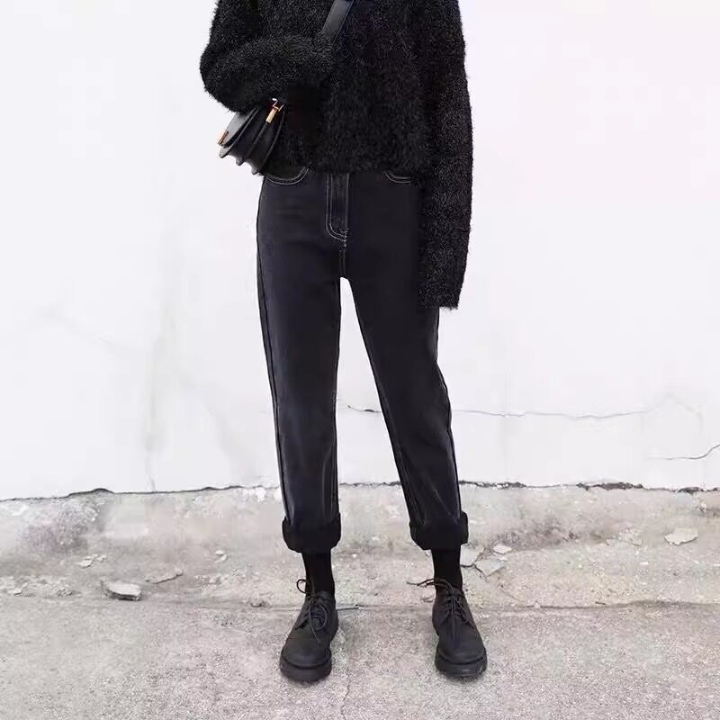 孕妈孕妇牛仔裤秋冬加绒宽松直筒裤外穿女冬季长裤子大码加厚冬装