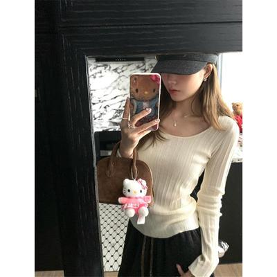 秋冬季韩系u领修身显瘦长袖打底针织衫上衣肌理高级感内搭毛衣女