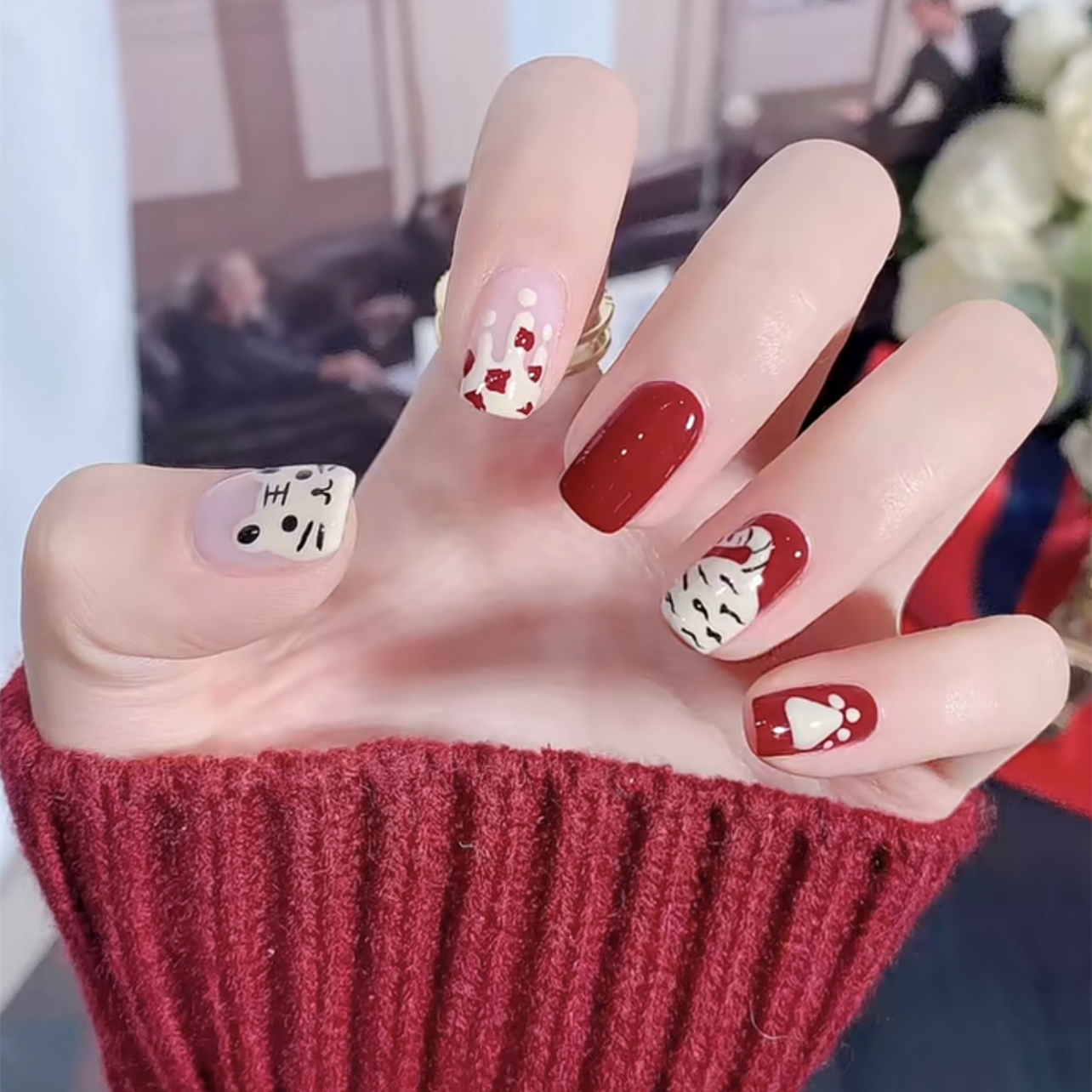 可爱老虎成品美甲片红色喜庆虎年大吉显白可穿戴拆卸假指甲全贴片