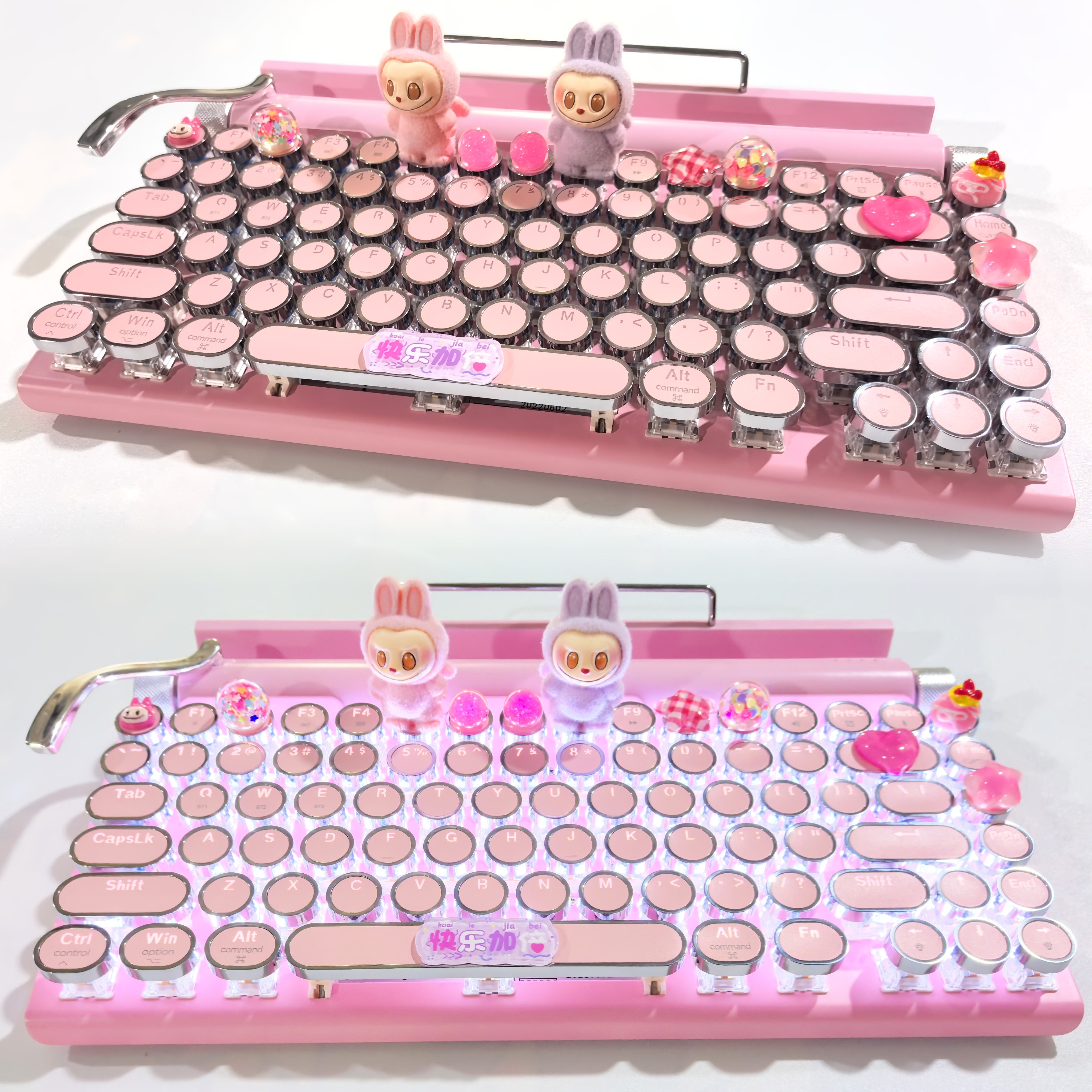 手工拉布布打字机机械键盘Labubu粉色蒸汽朋克可爱卡通无线青轴