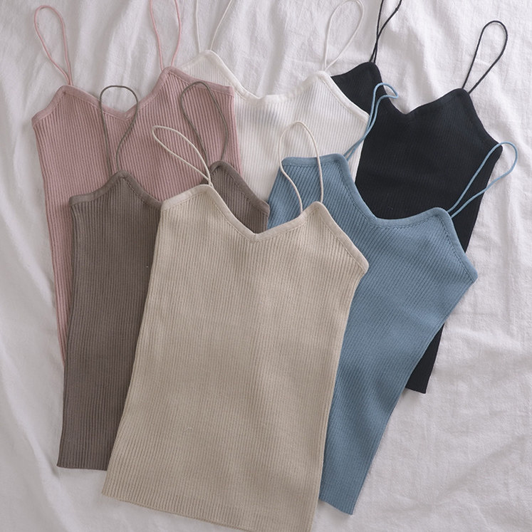 2020夏季韩版新款百搭纯色v领针织吊带背心女修身显瘦打底衫学生