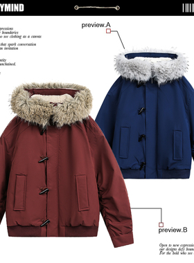 2025冬季派克毛领连帽棉服男女情侣款牛角扣cleanfit保暖棉衣外套