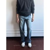 直筒合身做旧长裤 〔TBKL〕复古通勤浅蓝色立体猫须水洗男士 牛仔裤