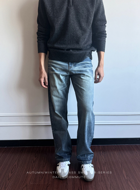 〔TBKL〕复古通勤浅蓝色立体猫须水洗男士牛仔裤直筒合身做旧长裤