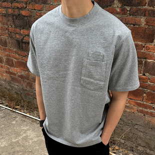 休闲纯色口袋上衣 宽松圆领夏季 TBKL美式 复古350克重磅纯棉T恤男士