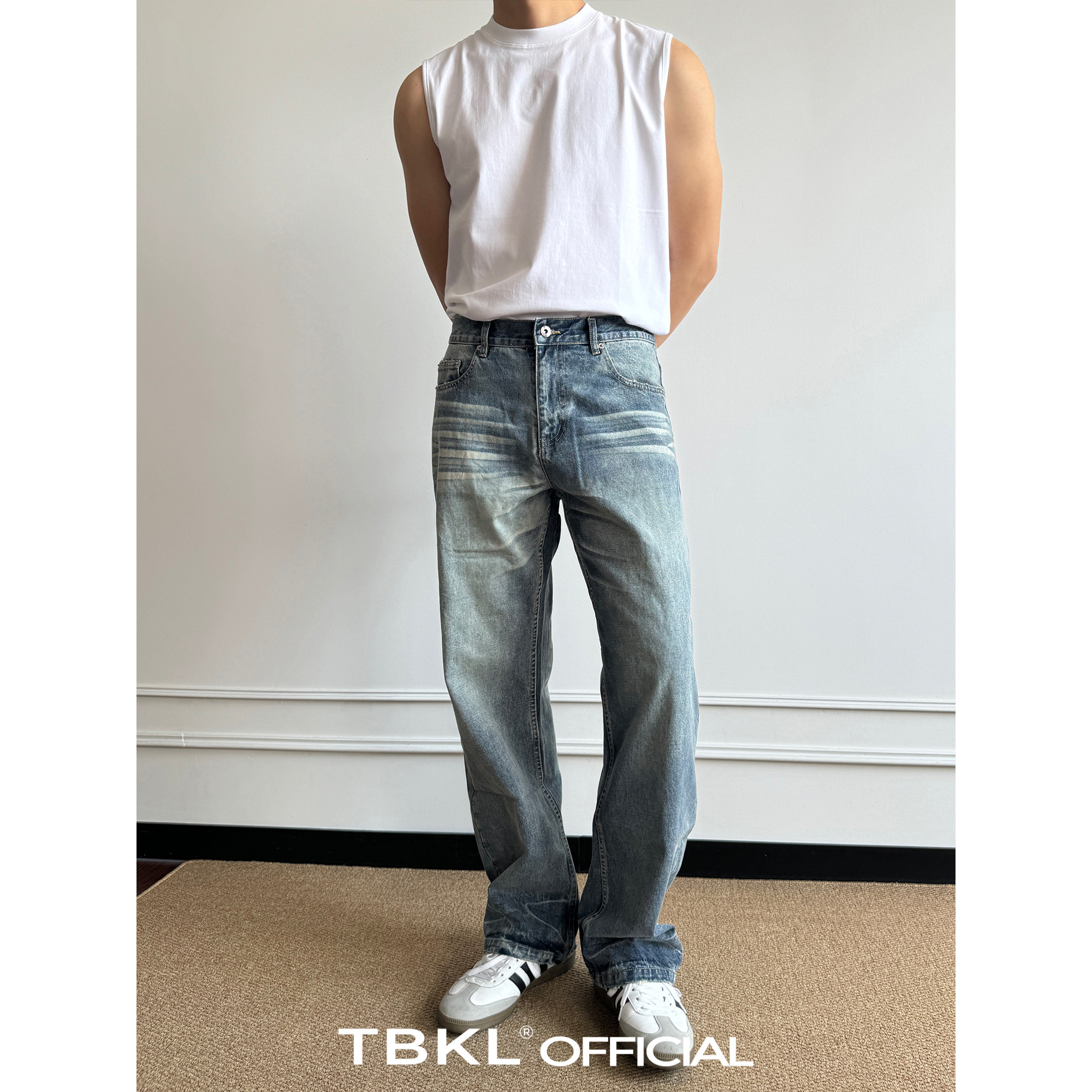 〔TBKL〕复古通勤浅蓝色立体猫须水洗男士牛仔裤直筒合身做旧长裤