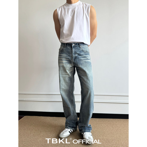 〔TBKL〕复古通勤浅蓝猫须牛仔裤