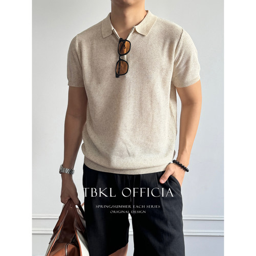 〔TBKL〕亚麻半拉链领针织Polo衫