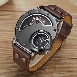 Luxury Men Watch Big Face Dual Time Leather Quartz Watch