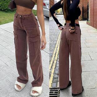 2022women Wide leg Jeans pocket leisure pants loose trousers